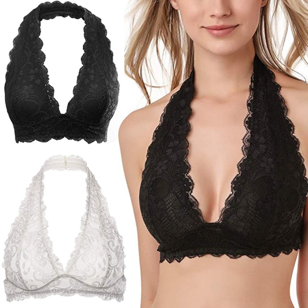 2 X Women Floral Lace Halter Bralette Wirefree Bra